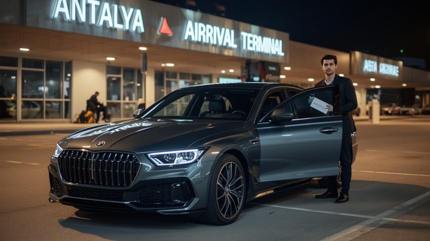 Professional driver waiting at Antalya Airport arrivals terminal with passenger name sign - Book My Taxi Antalya