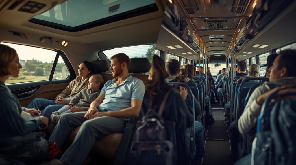 Side-by-side comparison showing a family comfortably seated in a private vehicle versus crowded public transport - Book My Taxi Antalya